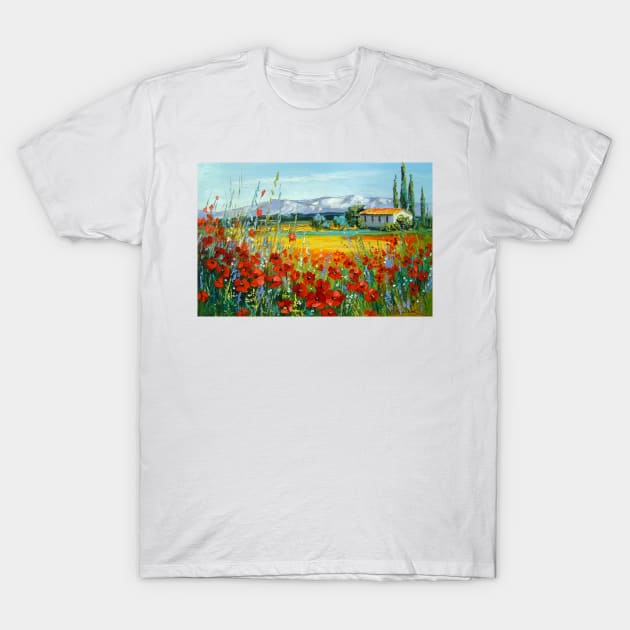 Poppy field near the mountains T-Shirt by OLHADARCHUKART